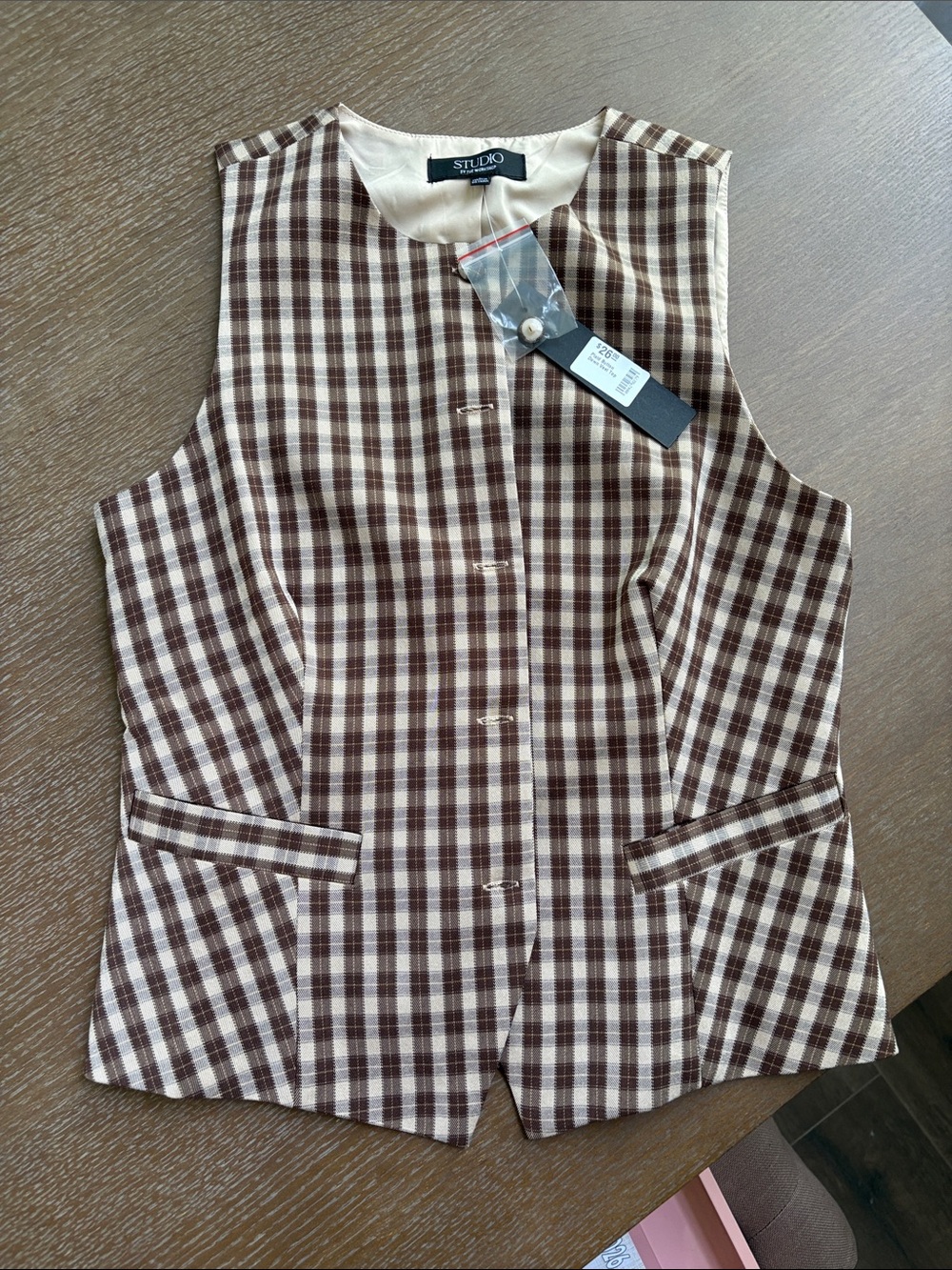 NWT Studio Plaid Button Vest in Brown and Cream